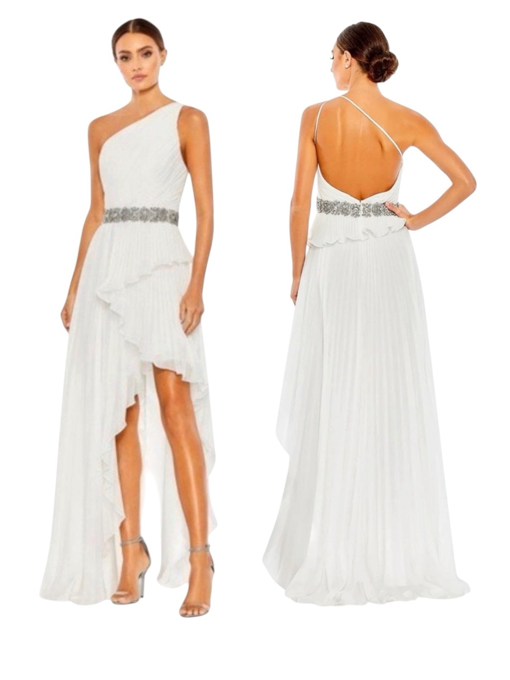 Mac Duggal White Pleated One Shoulder Asymmetrical Ruffle Hem Gown Size 8